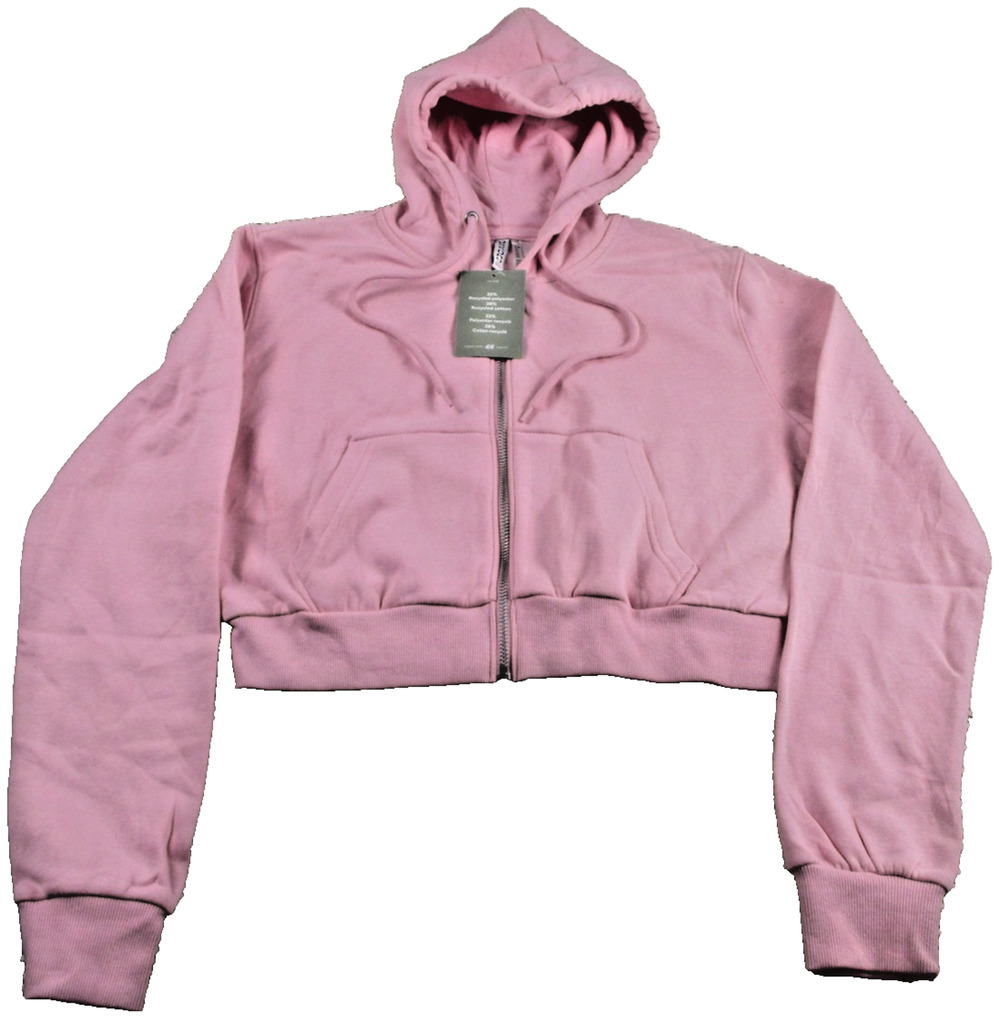 H&M Hoodie Womens Large Pink Cropped Full Zip Fleece Sweatshirt Divided NWT